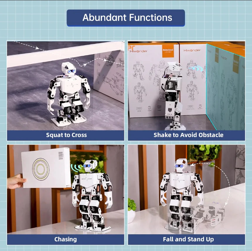 Collage of a robot performing various functions on a blue background