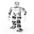 White robot with green eyes on a white background