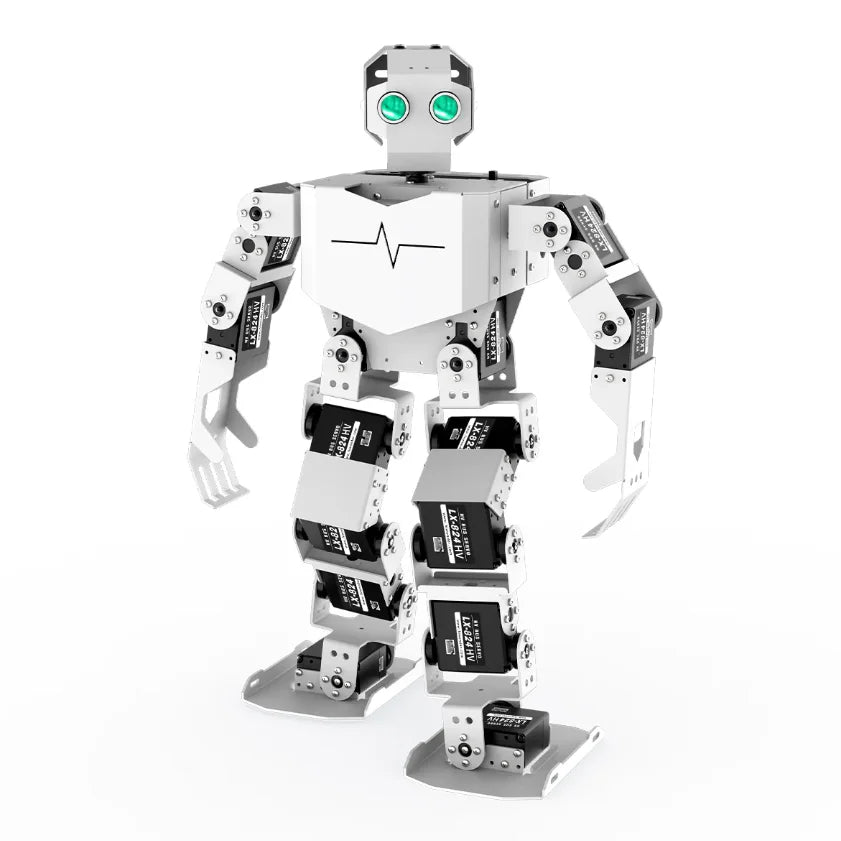 White robot with green eyes on a white background