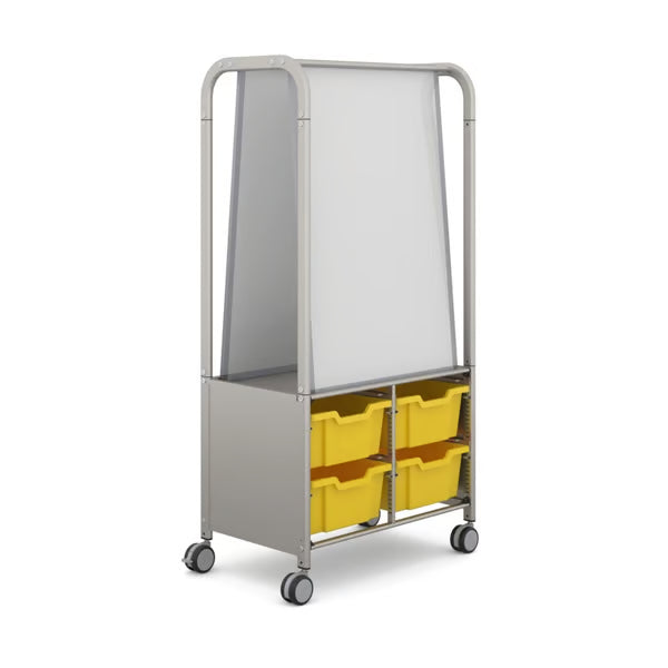Gratnells MakerHub Mobile Collaboration Cart with 2 Magnetic Whiteboards & 4 Deep Sunshine Yellow Trays