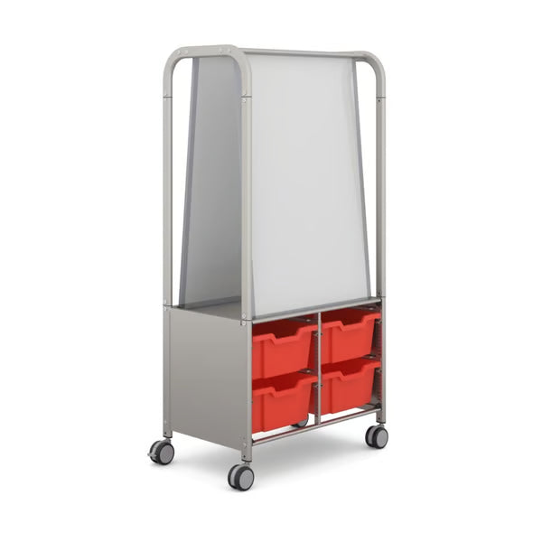 Gratnells MakerHub Collaboration Cart with 2 Magnetic Whiteboards & 4 Deep Flame Red Trays