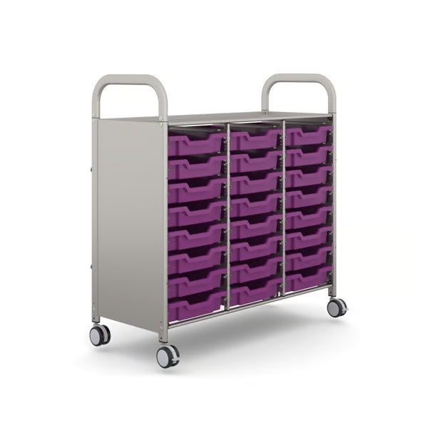 Gratnells Callero Plus Treble Cart with 24 Shallow Plum Purple Trays – Silver Frame