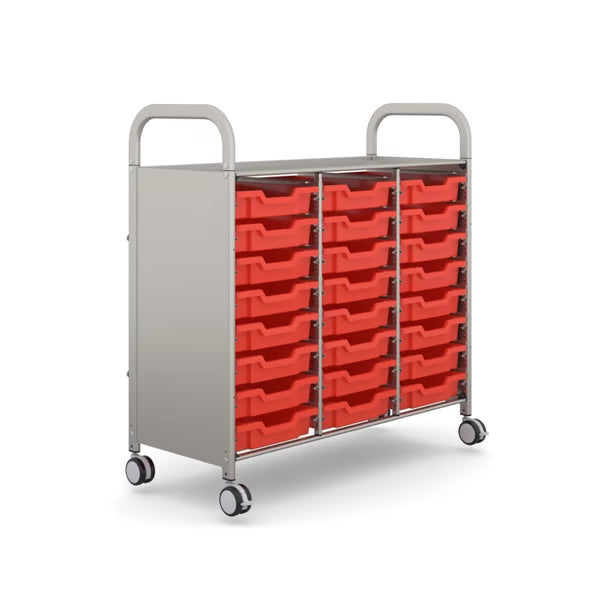 Gratnells Callero Plus Treble Cart with 24 Shallow Flame Red Trays