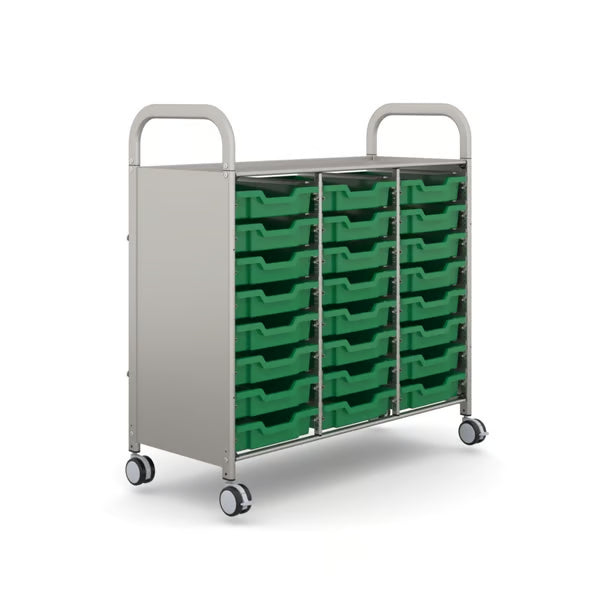 Gratnells Callero Plus Treble Cart with 24 Grass Green Shallow Trays – Silver Frame