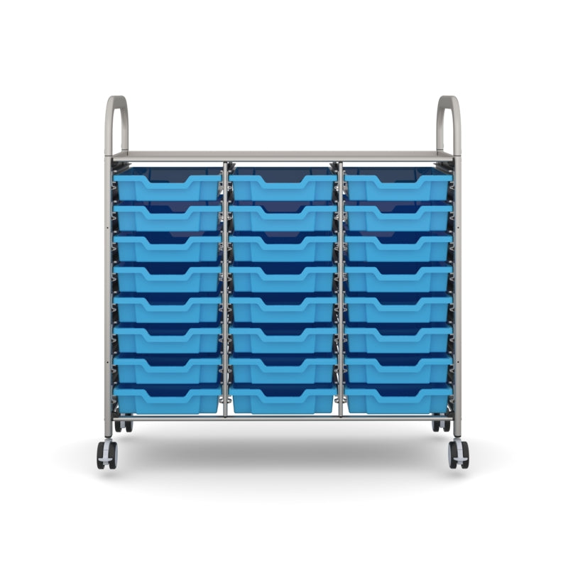 Gratnells Callero Plus Treble Cart with 24 Shallow Cyan Blue Trays – Silver