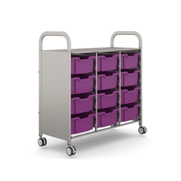Gratnells Callero Plus Treble Cart with 12 Deep Plum Purple Trays – Silver