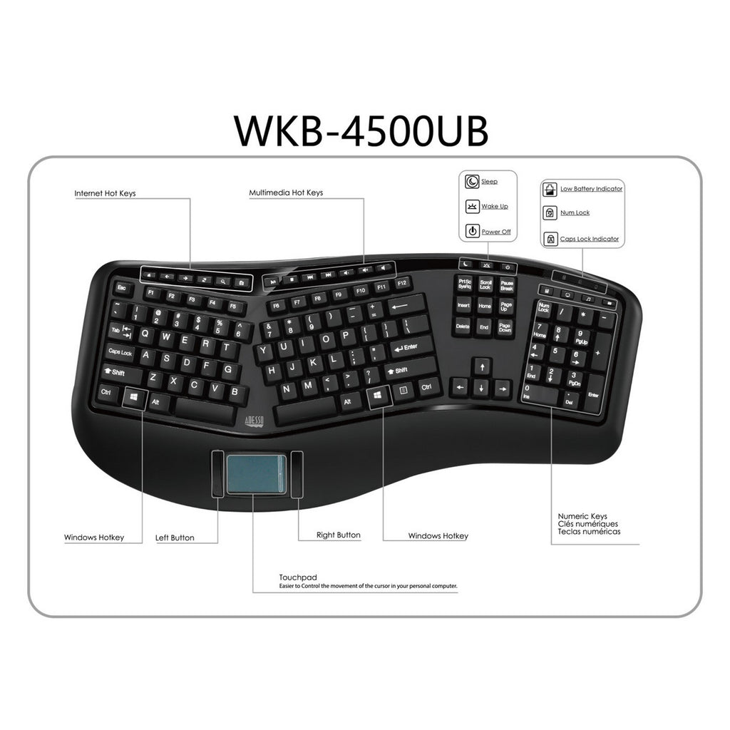 Adesso WKB-4500UB Wireless Ergonomic Touchpad Keyboard