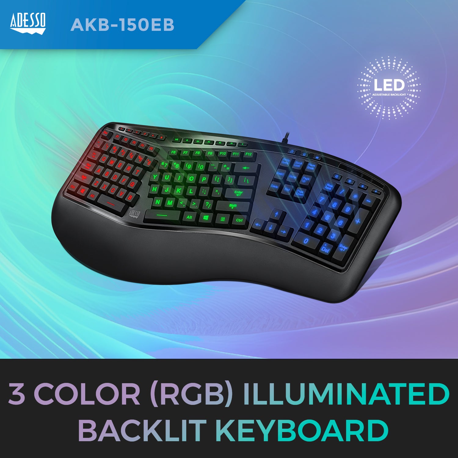 Adesso Tru-Form 150EB Illuminated Ergonomic USB Keyboard for Classrooms