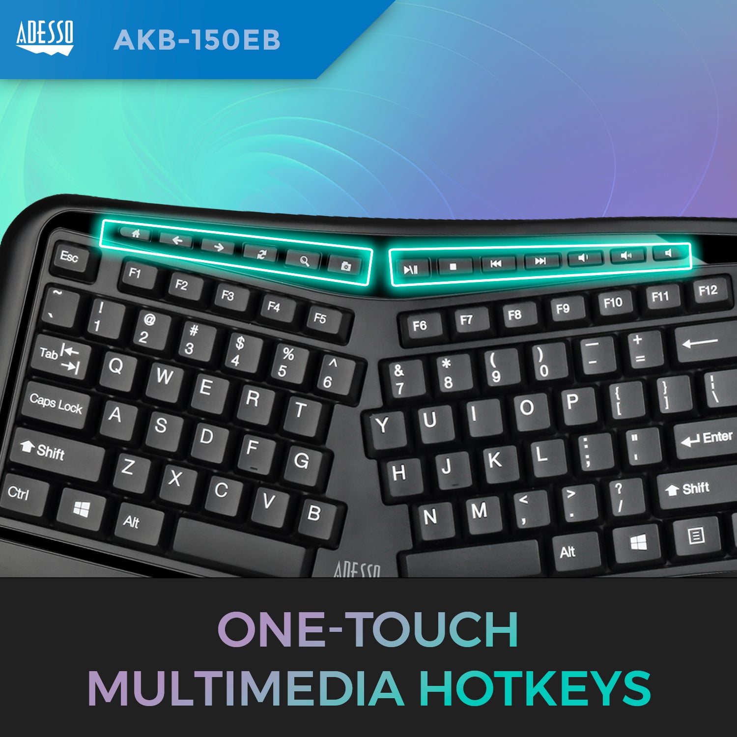Adesso Tru-Form 150EB Illuminated Ergonomic USB Keyboard for Classrooms