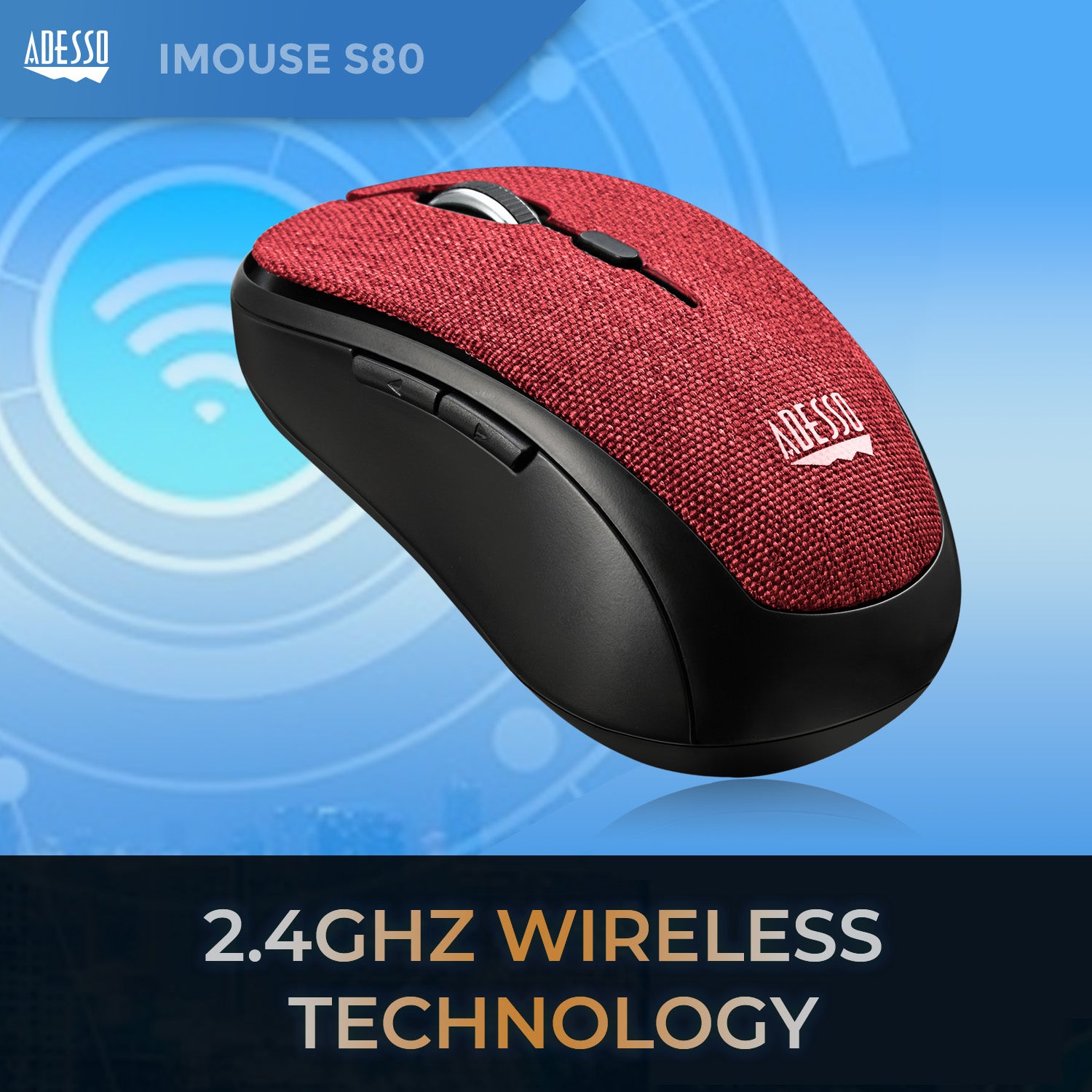 Adesso iMouse S80R Wireless Fabric Optical Mini Mouse - Red
