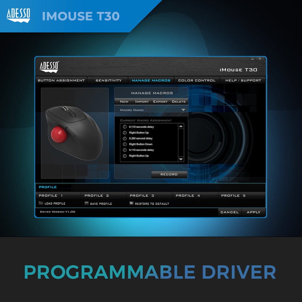 Adesso iMouse T30 Wireless Ergonomic Programmable Trackball Mouse