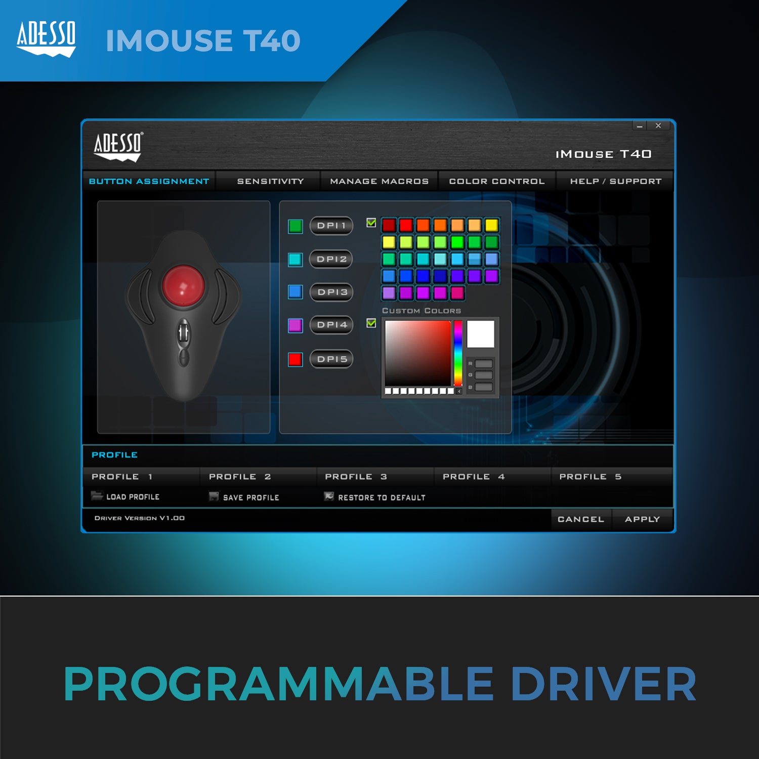 Adesso iMouse T40 Wireless Ergonomic Programmable Trackball Mouse